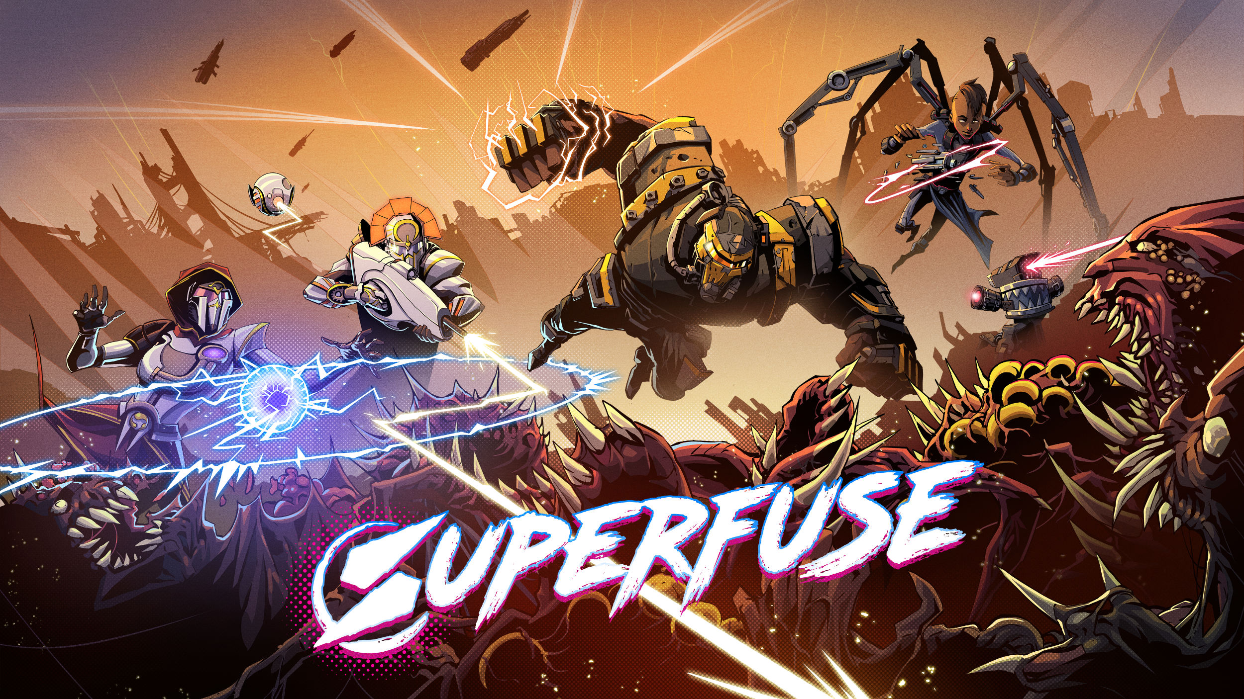 Superfuse artwork of a squad of four armor-clad superheroes plunging into battle with alien-like beasts against a silhouetted city backdrop.