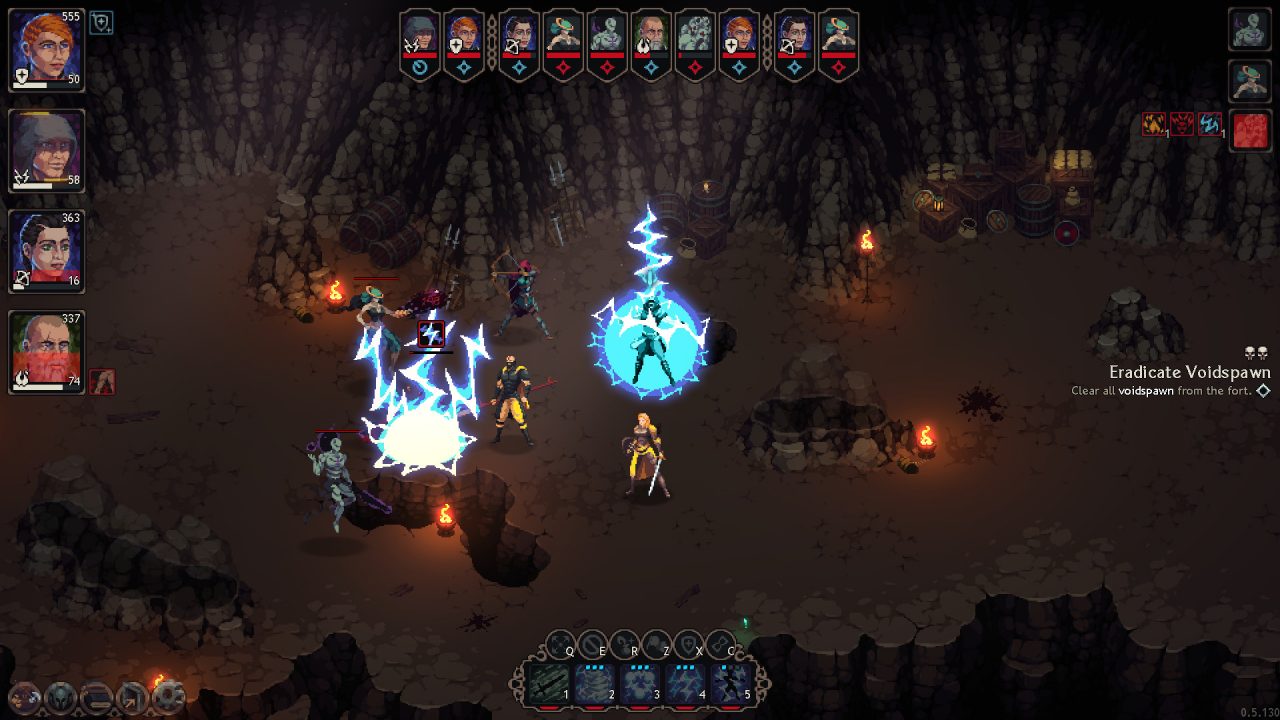 The Iron Oath Screenshot of Hero Characters Eradicating Voidspawn in A Dark Cavernous Area.