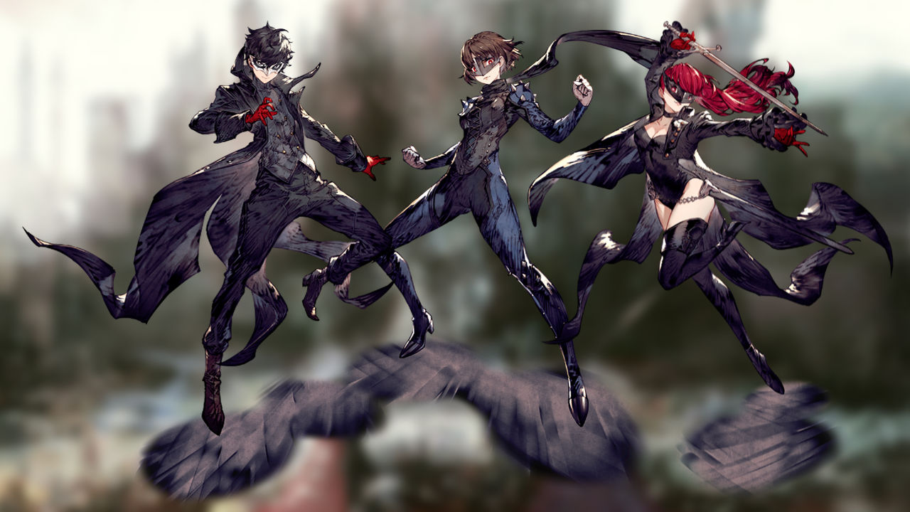 Persona 5 Royal characters against a War of the Visions Final Fantasy Brave Exvius backdrop