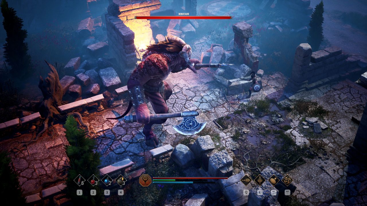 Achilles Legends Untold Screenshot of Battling a Massive Creature Inside a Ruined Castle