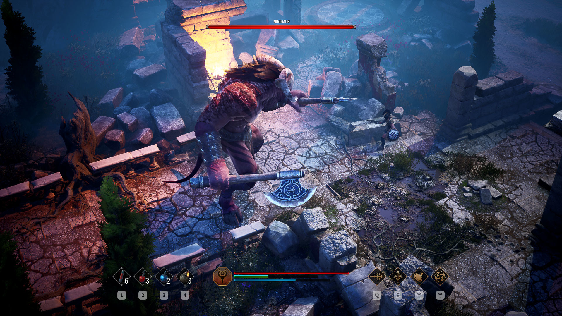 Achilles: Legends Untold screenshot depicting a battle with a massive creature inside a ruined castle