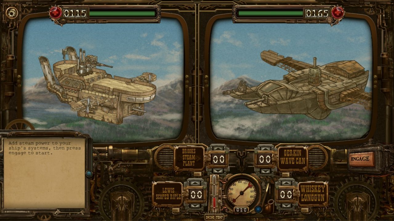 Age of Grit Screenshot of Helming an Aerial Vessel with Decidedly Steampunk Designs.