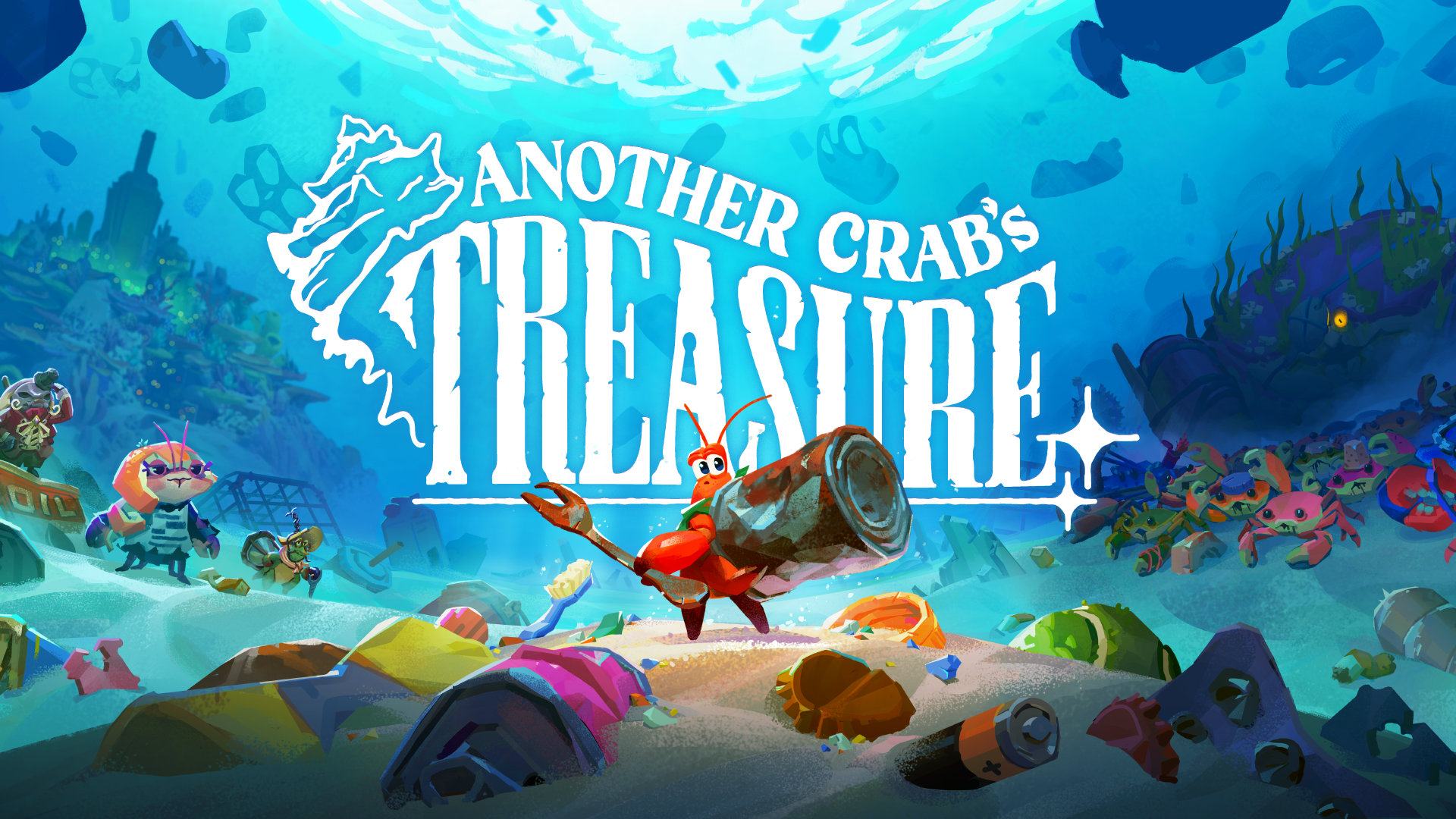 Another Crab's Treasure Artwork of a crab wearing a soup can as a shell in a colorful ocean environment