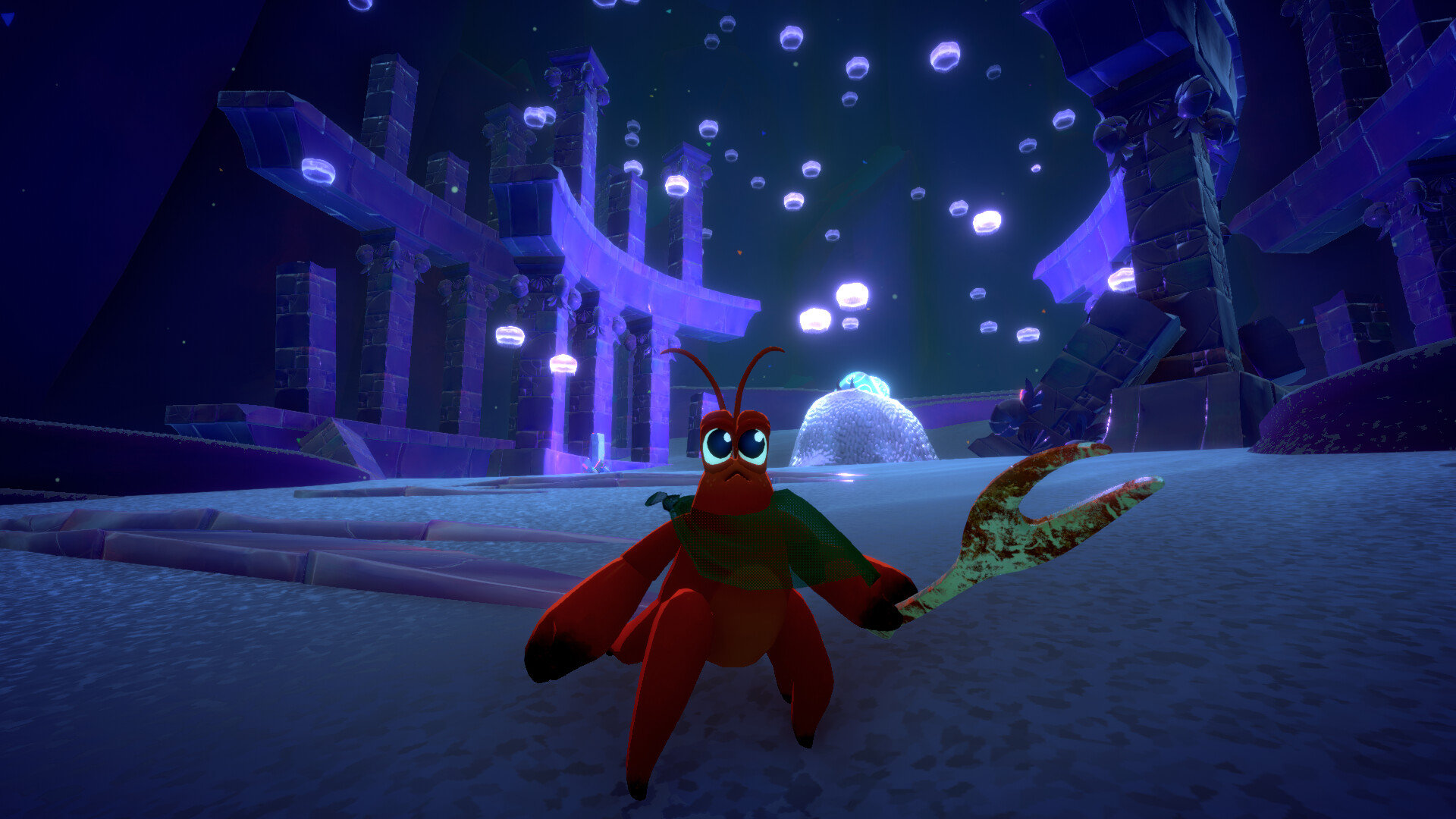 A screenshot of Another Crab's Treasure depicting crab protagonist Kril in an underwater ruin, lit up by the lavender glow of dozens of jellyfish.