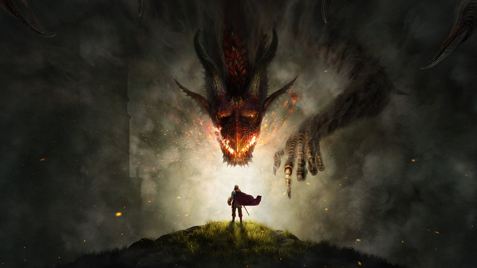 10th Anniversary Artwork For Dragon's Dogma Featuring The Protagonist Reaching Towards A Red Dragon