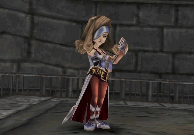 A screenshot of Beatrix in a victory pose in Final Fantasy IX