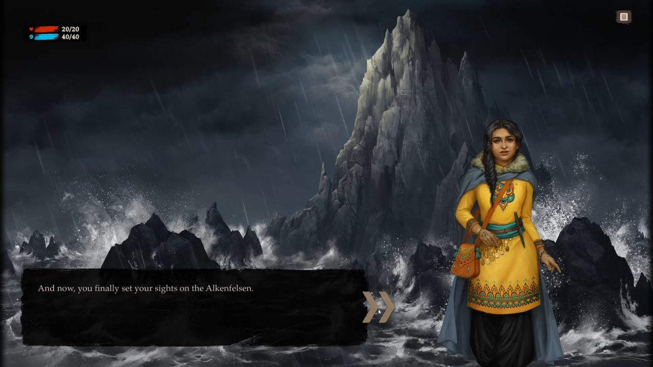 Forgotten Fables: Wolves on the Westwind Screenshot of a woman in a bright ornate skirt and cloak against a backdrop of a raging ocean and jagged rocks at night.