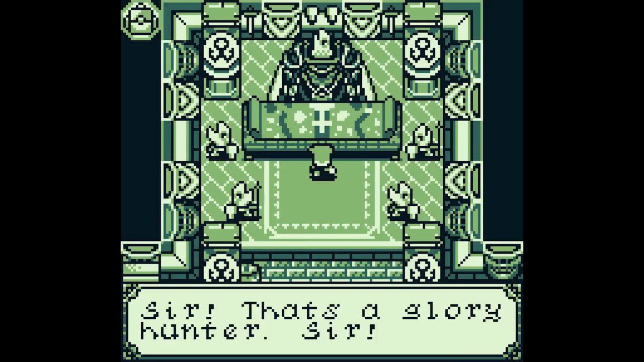 Glory Hunters screenshot - Game Boy style graphics with main character in a shop full of fish men.