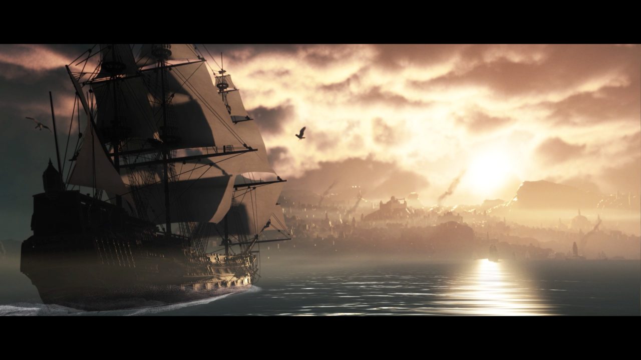 GreedFall 2: The Dying World screenshot of a large pirate ship sailing towards a sprawling settlement on land at sunset on a cloudy day.