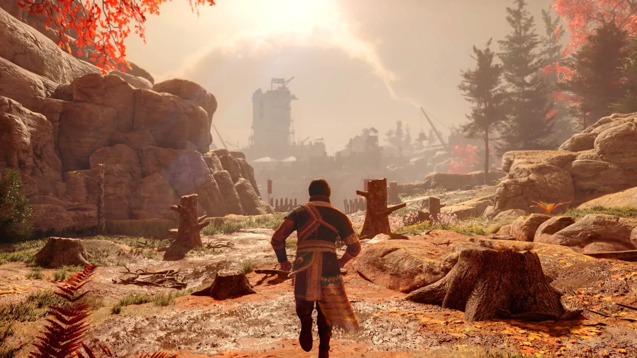 Character running through a field of tree stumps and debris towards an outpost in GreedFall The Dying World