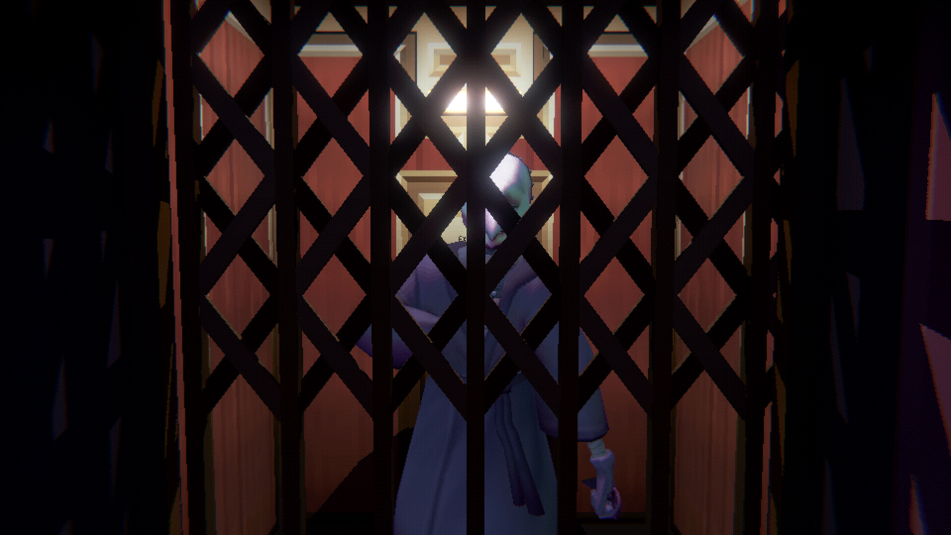 Homebody screenshot of a masked villain inside an old elevator behind a latticed metal cage.