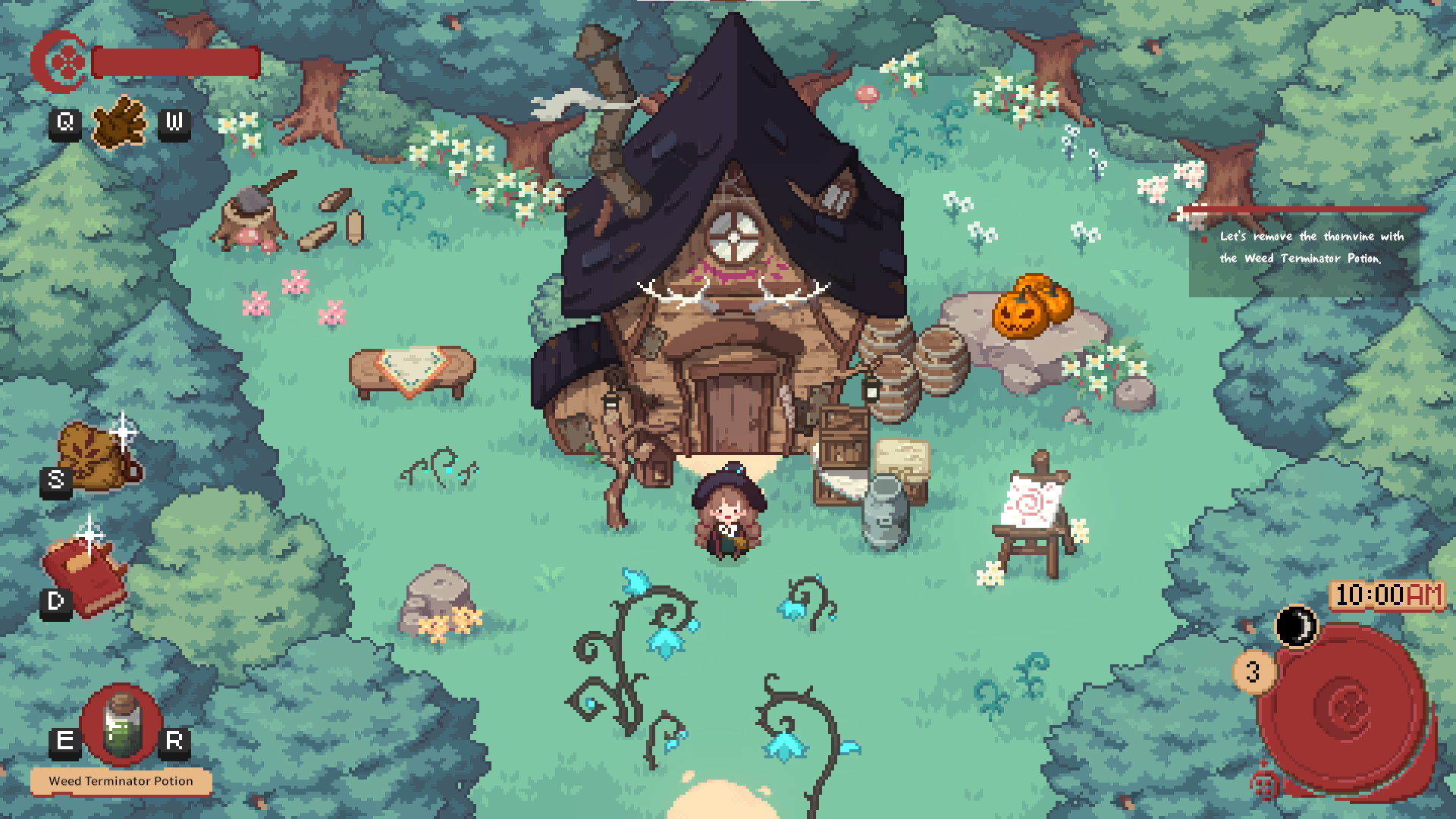 Little Witch in the Woods Screenshot showcasing a pixel art landscape of a young witch in front of a forest cabin.