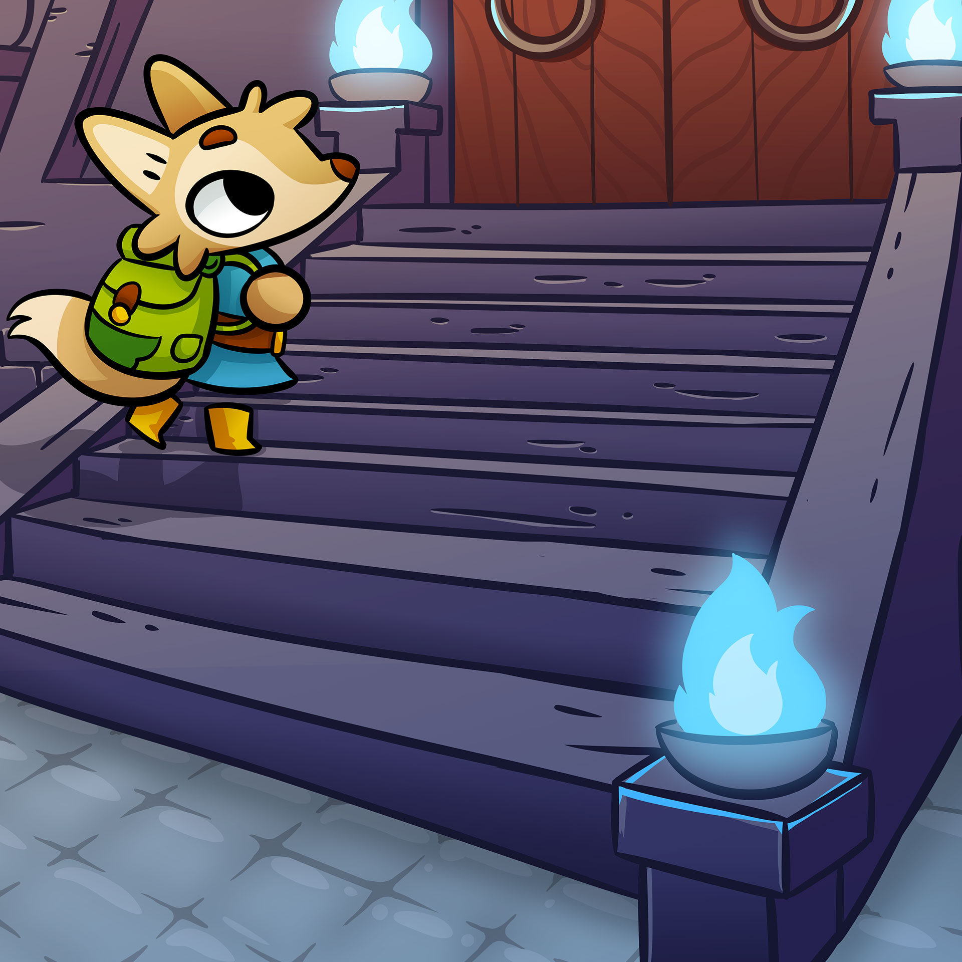 Lonesome Village Artwork of Wes the fox climbing stone stairs to a wooden door, lit by blue flame braziers