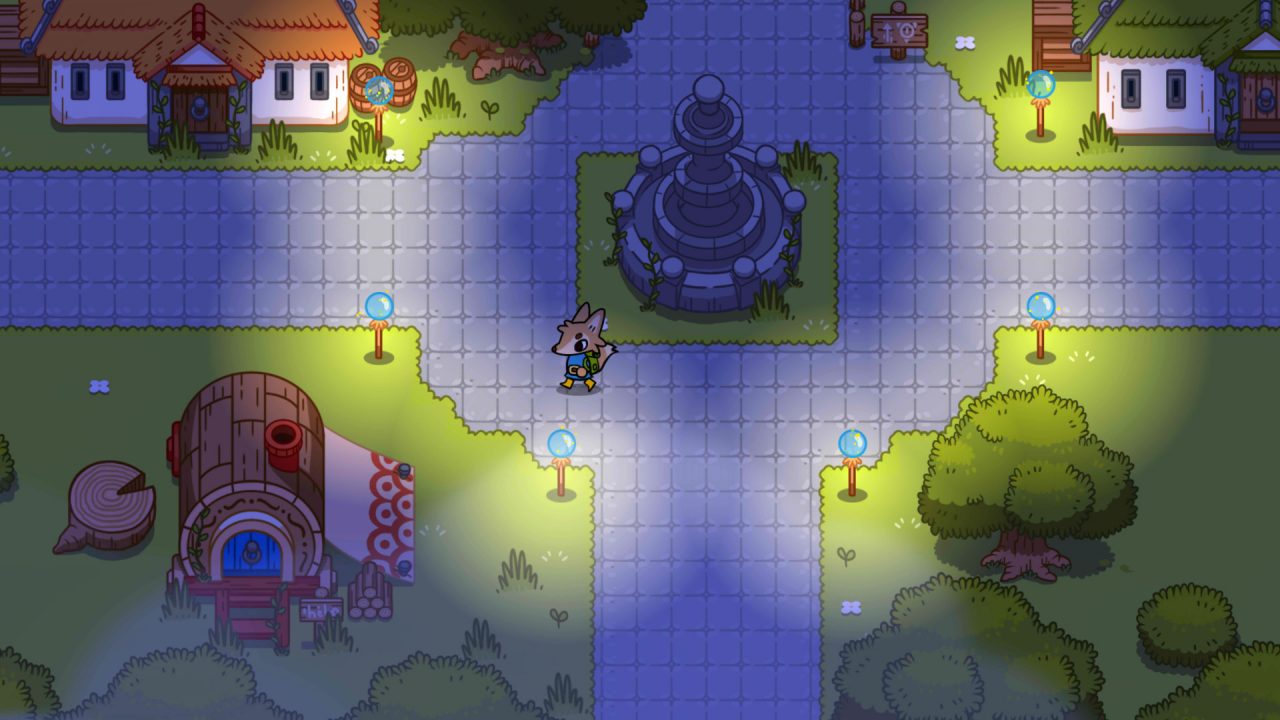 Lonesome Village Screenshot of Wes the fox standing near a fountain in a quiet village, lit by streetlights.