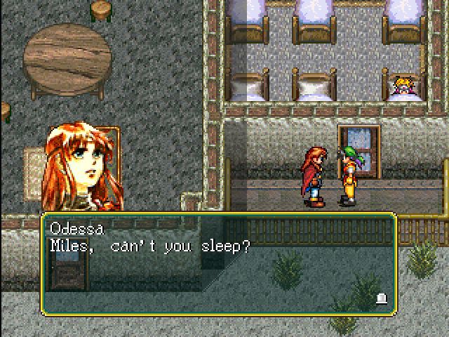 Odessa talks to the protagonist at a hostel in Suikoden.