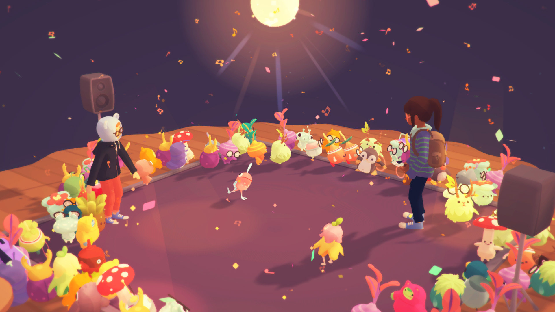 Ooblets screenshot of two characters in a circle of Ooblets preparing for a dance party