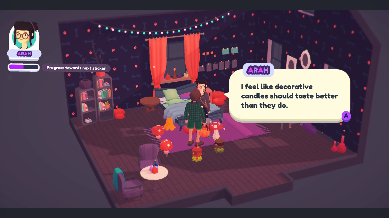 The character Arah, in her largely emo-style home and attire, comments on the fact that "decorative candles should taste better than they do."