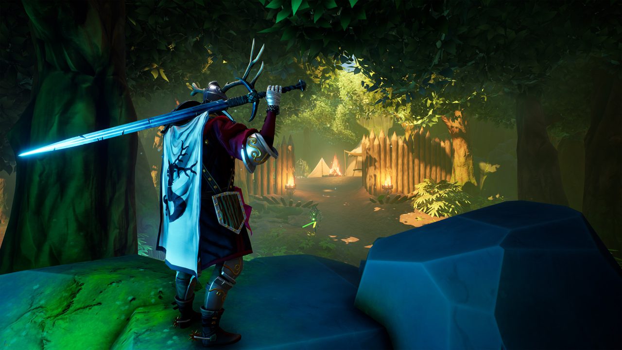 Stray Blade screenshot of a knight wearing a helmet with antlers standing in the woods near a camp.