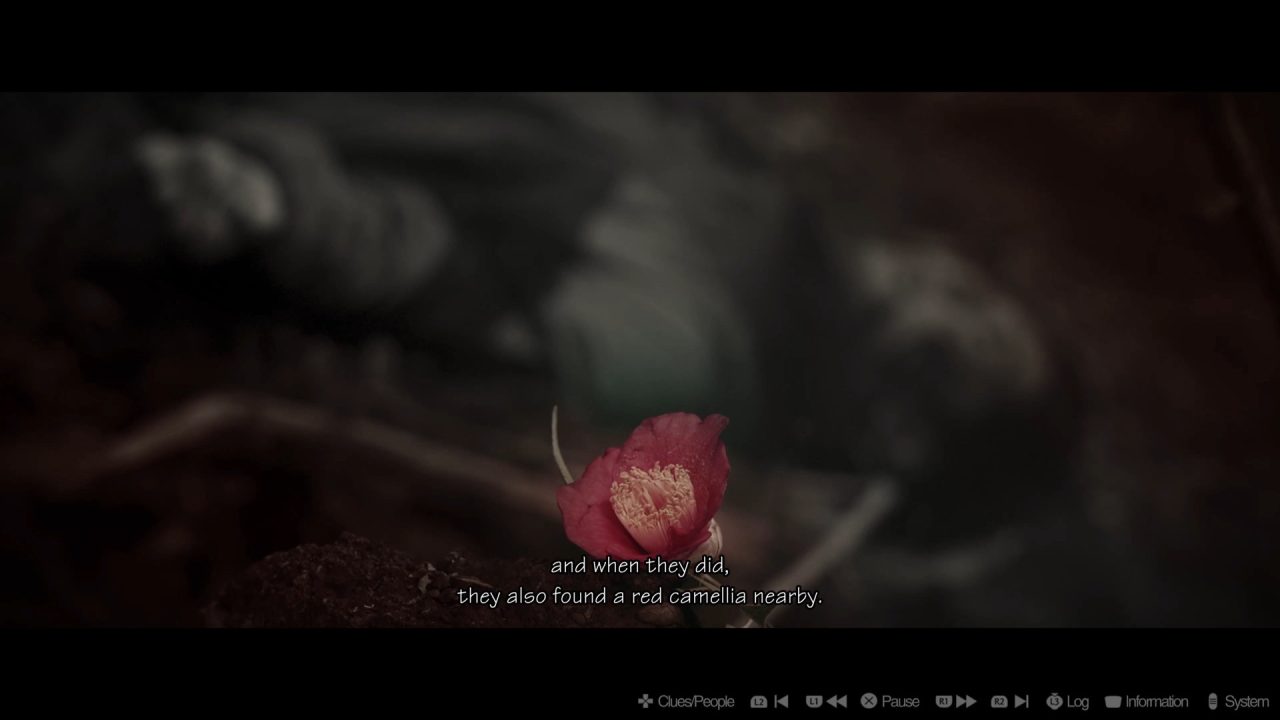 The Centennial Case: A Shijima Story screenshot of a red camellia resting on a blurred background with the text "and when they did, they also found a red camellia nearby."