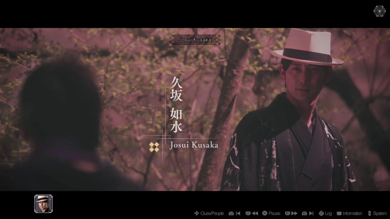 A man wearing a panama hat and a kimono stands in the woods in The Centennial Case: A Shijima Story. Text displays his name "Josui Kusaka".