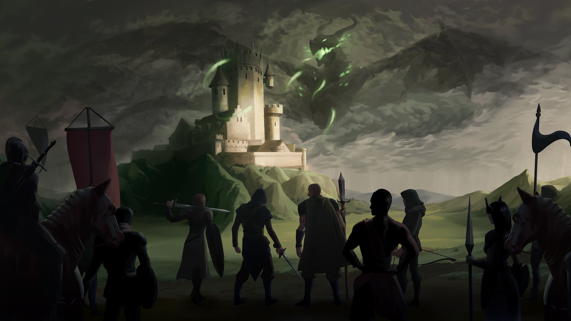 Artwork of character silhouettes from The Iron Oath.