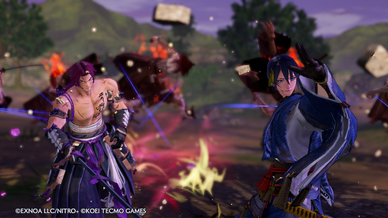 Two characters strike poses on the battlefield in Touken Ranbu Warriors.