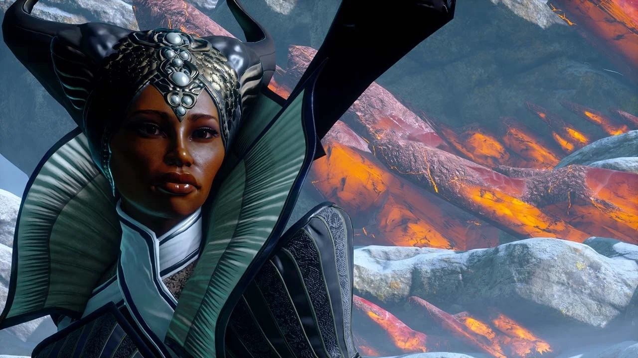 A screenshot of Vivienne against a colorful background in Dragon Age Inquisition