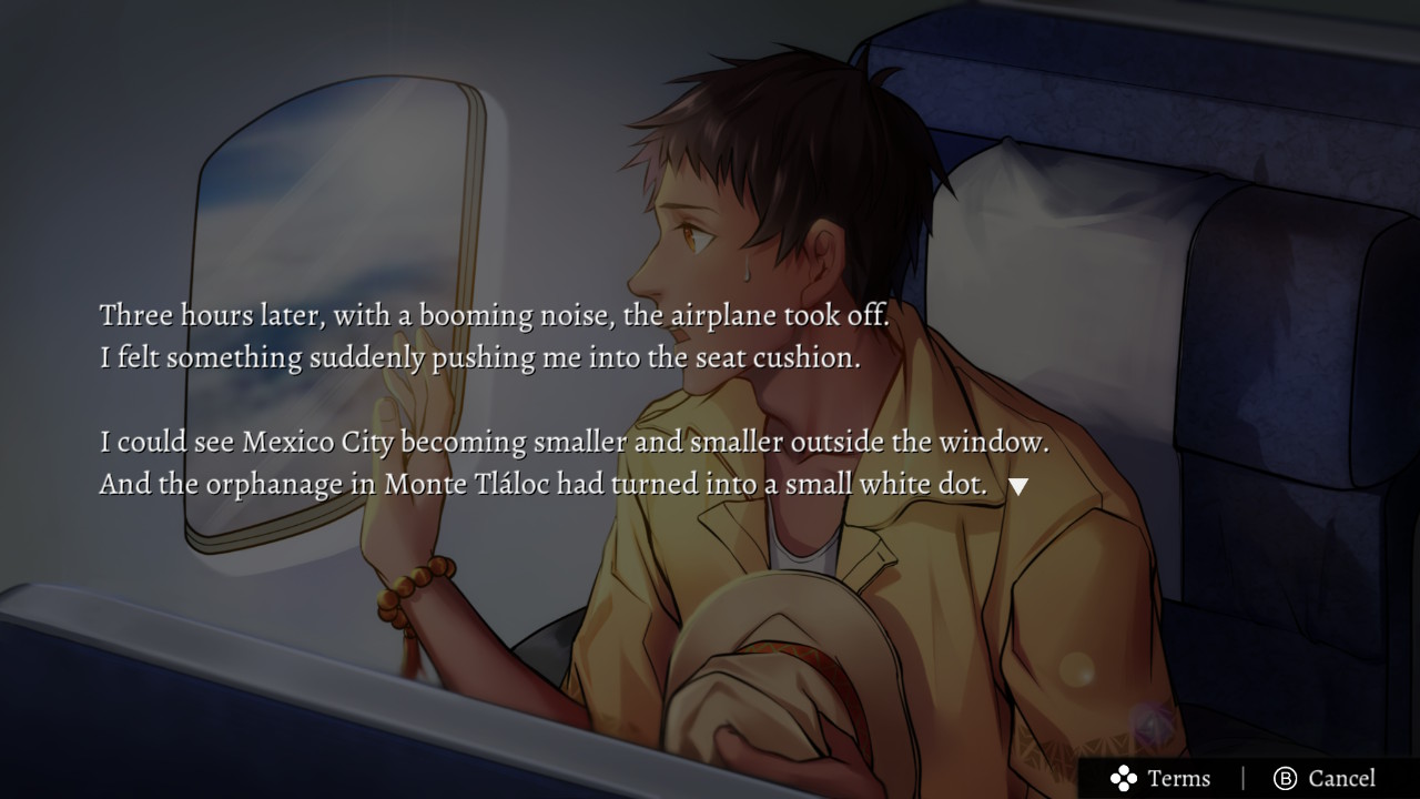 Carlos looks out an airplane window in one of the earlier unlockable CG illustrations in WILL: A Wonderful World.