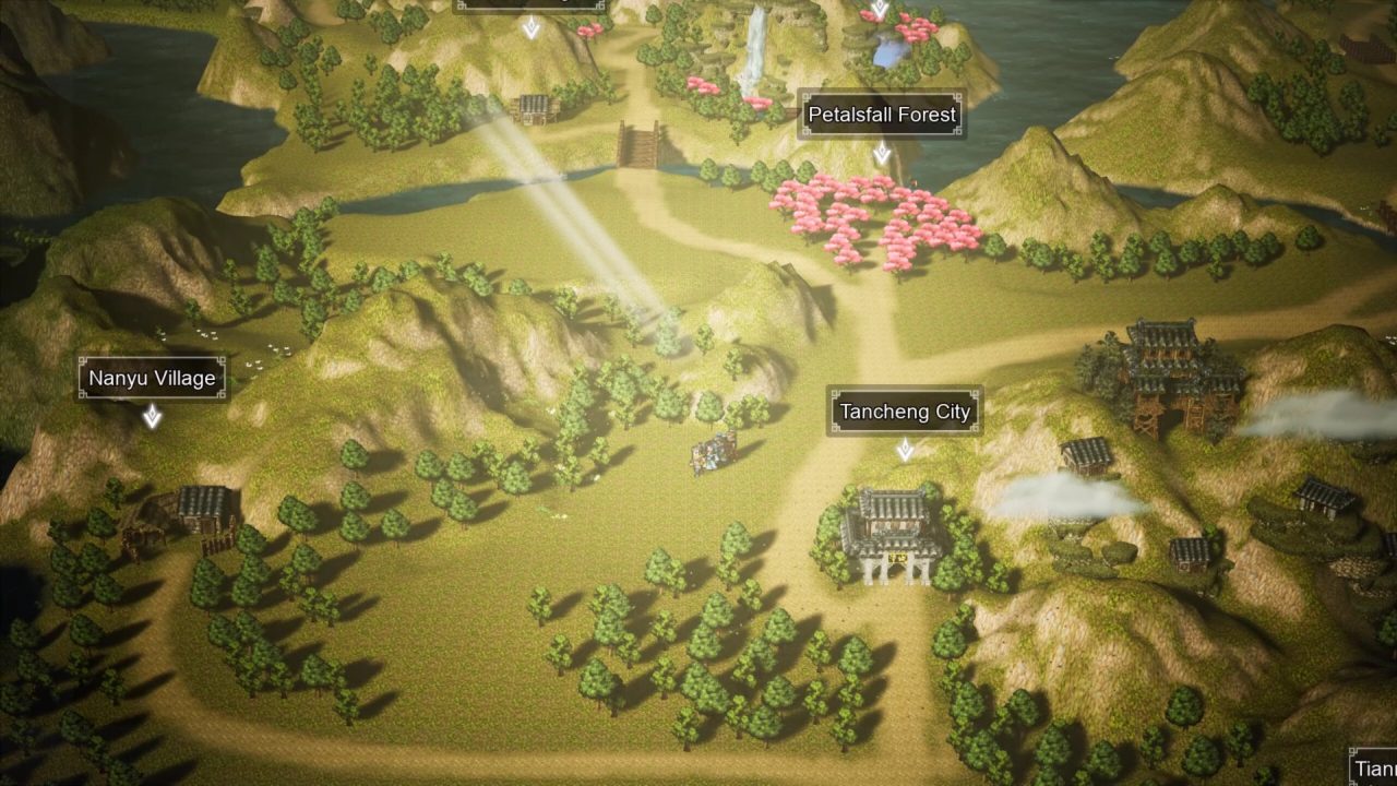 Wandering Sword world map screenshot showing a village, city, and forest nestled amongst hills and trees.