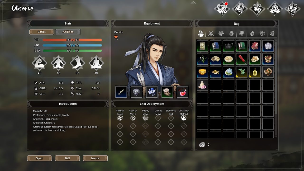 Wandering Sword screenshot of Bai Jin's profile, stats, gear, and inventory.