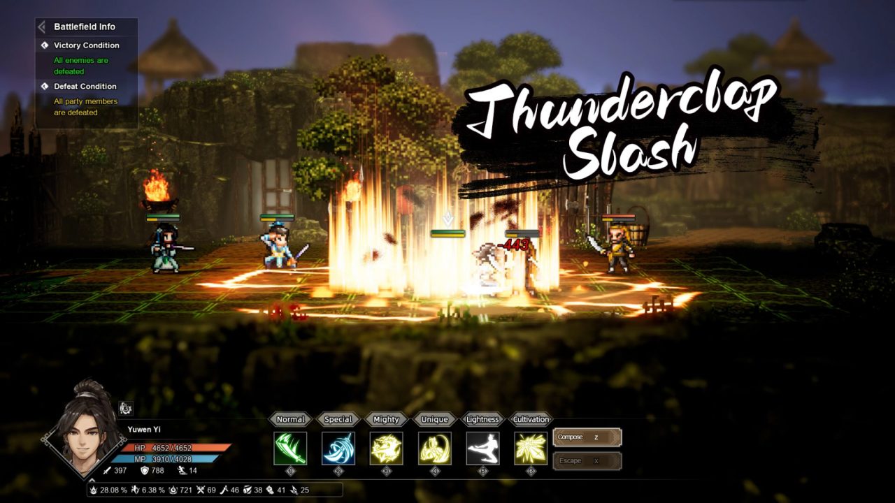 Battle screenshot of Wandering Sword as a character unleashes a flashy attack, Thunderclap Slash, causing the ground to erupt in light.