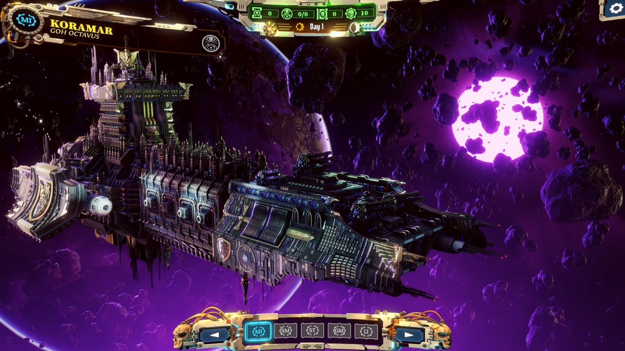 Warhammer 40k Daemonhunters Screenshot of a Militaristic Starship in a Purple Nebula.