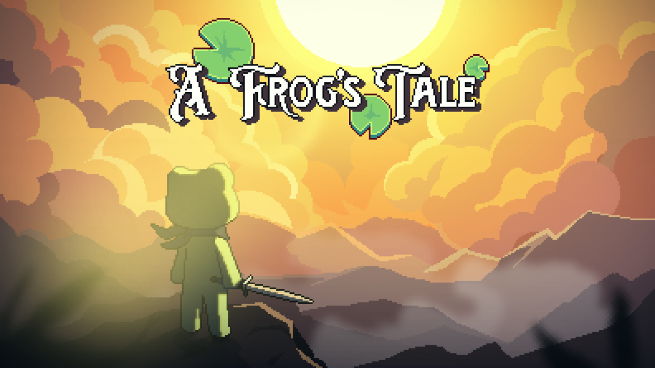 A Frog's Tale title screen of a frog with a bandana and sword on a mountaintop at sunset.