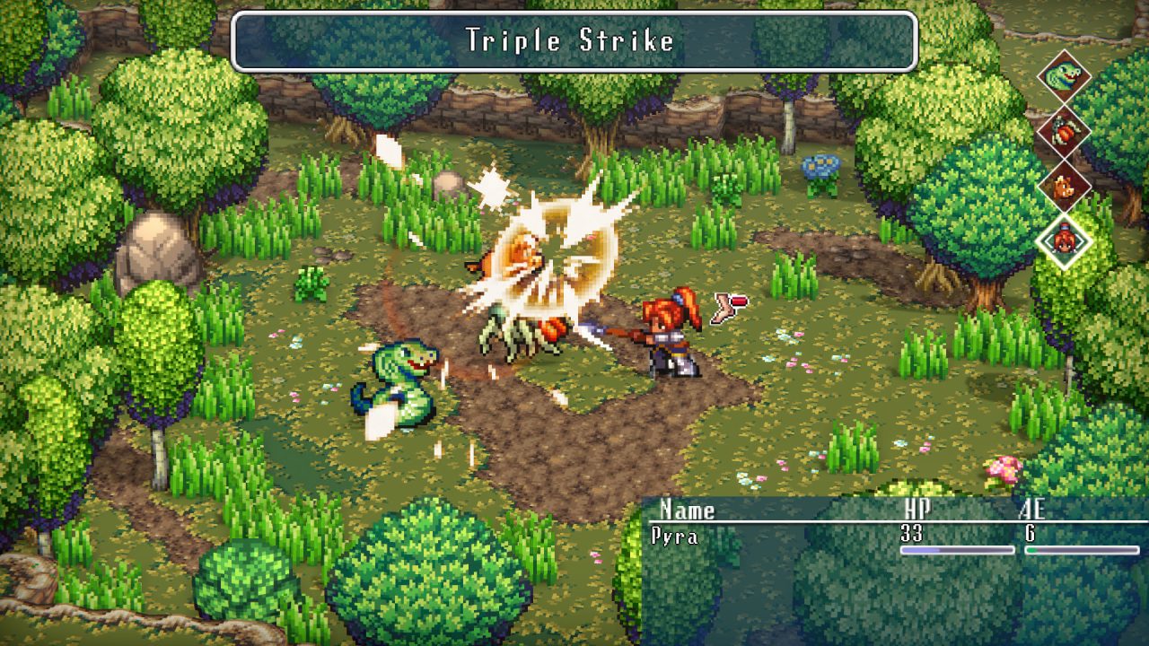 Alterium Shift screenshot of a girl named Pyra using a Triple Strike attack on a plant monster and snake in a lush forest