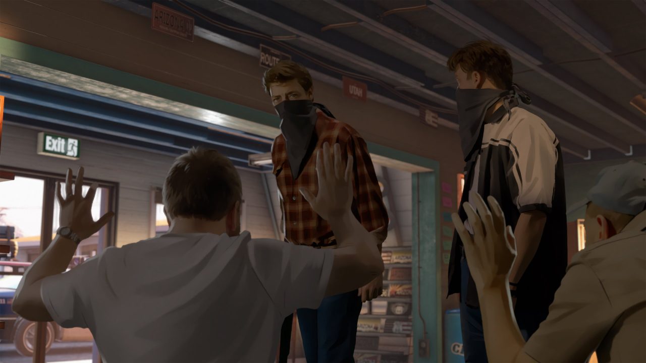 As Dusk Falls screenshot of robbers in masks at a motel.