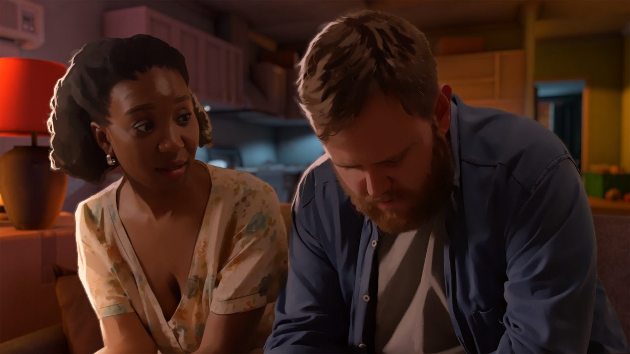 As Dusk Falls screenshot of a couple on a couch as a woman looks at a man bowing his head.