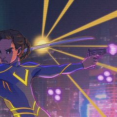 Beyond Sunset of protagonist Lucy in a hi-tech bodysuit with a pistol in one hand and katana in the other with a neon city backdrop.