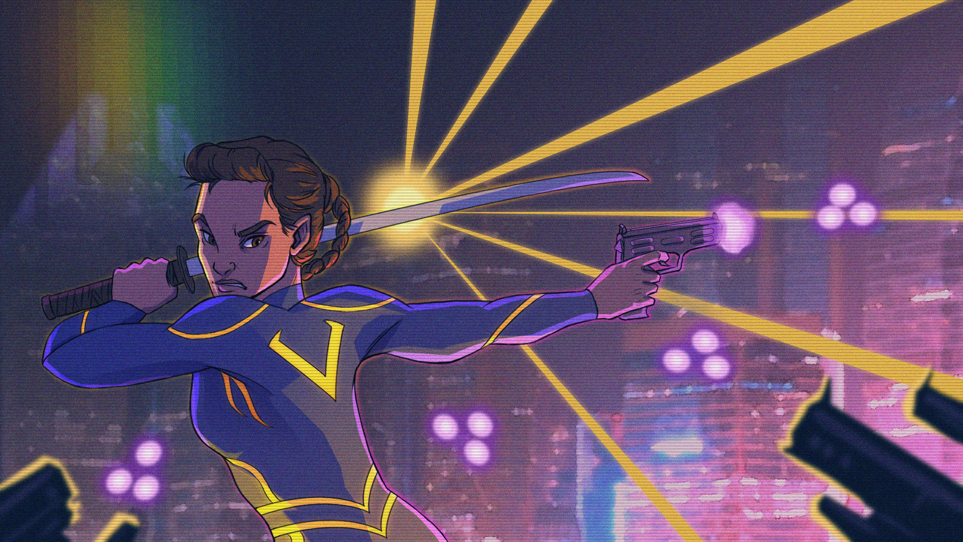 Beyond Sunset of protagonist Lucy in a hi-tech bodysuit with a pistol in one hand and katana in the other with a neon city backdrop.