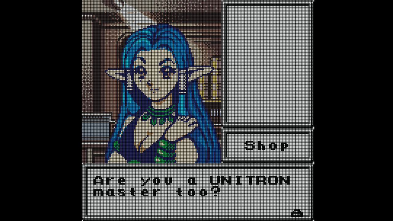A blue haired shopkeeping woman with pointed ears asks "Are you a UNITRON master too?" in Biomotor Unitron.