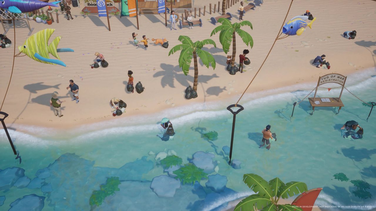 Coral Island screenshot of a beach cleanup festival as residents clean up and collect trash and recyclables.
