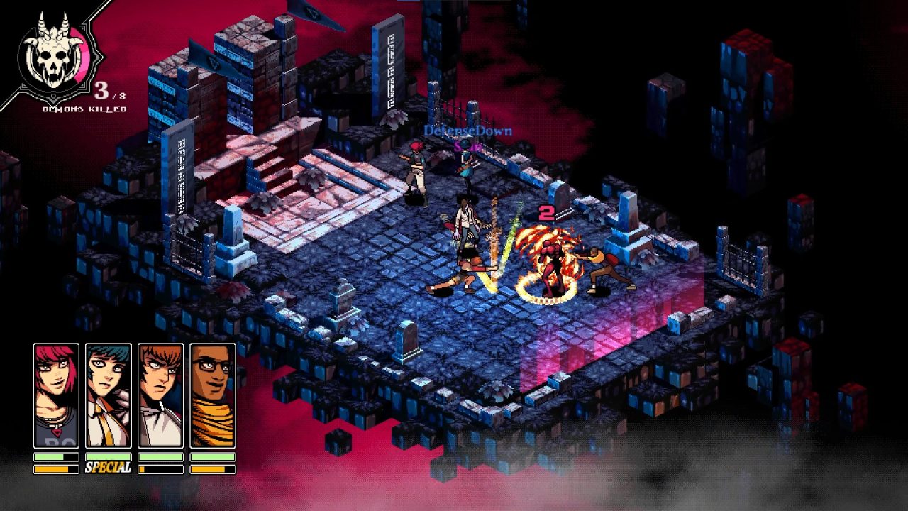 Demonschool screenshot of an isometric grid-based battle of four people battling demons on a floating stone ruin land mass.