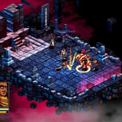 Demonschool screenshot of an isometric grid-based battle of four people battling demons on a floating stone ruin land mass.
