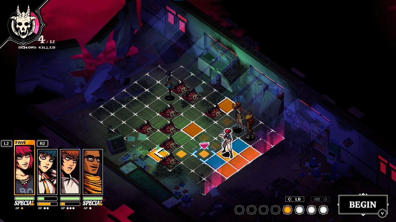 Demonschool screenshot of four young adults facing creepy demons in an isometric grid battle