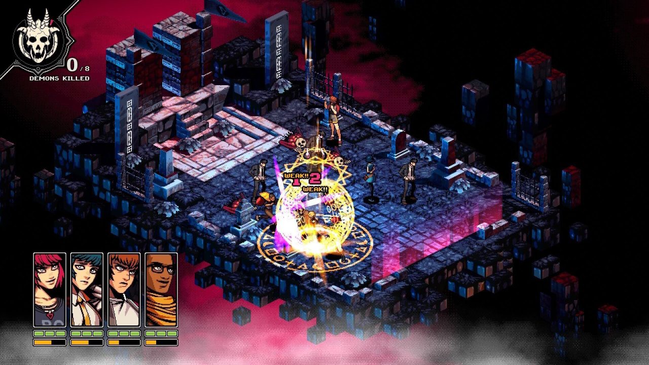 Demonschool screenshot of teens fighting demons in an otherworldly graveyard