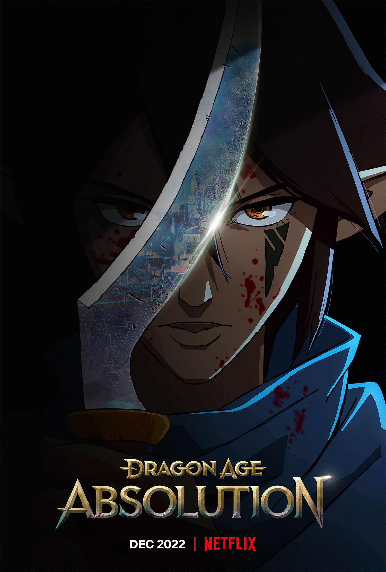 Dragon Age: Absolution artwork of a determined character with pointy ears holding a blade up in front of their face and logo.