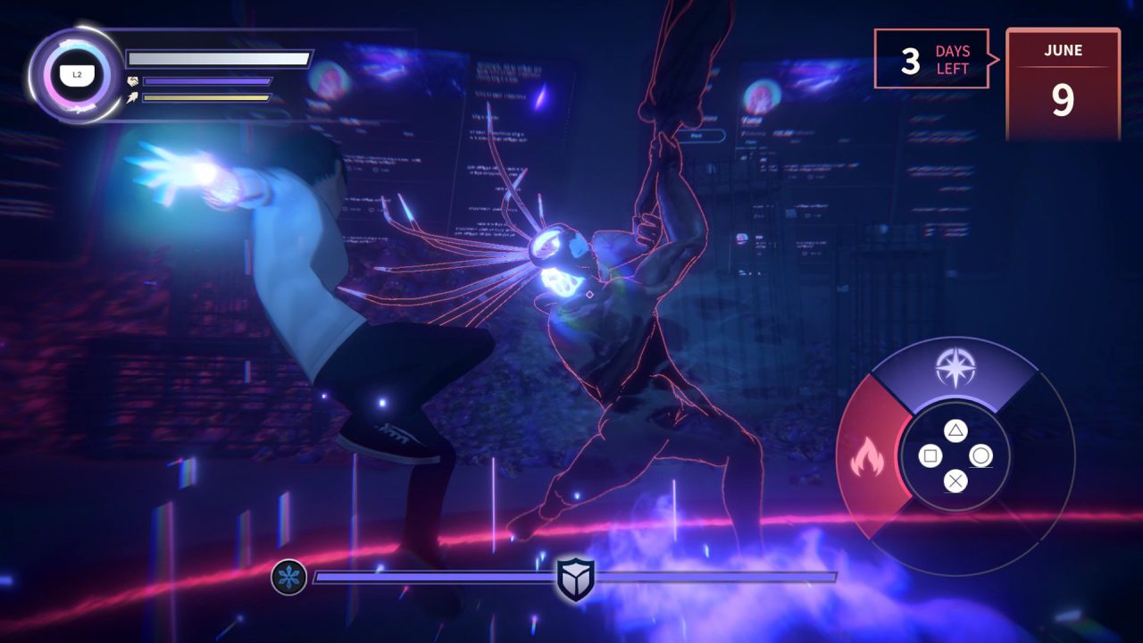 Battle screenshot from Eternights. The main character battles a shadowy creature in a nighttime cityscape.