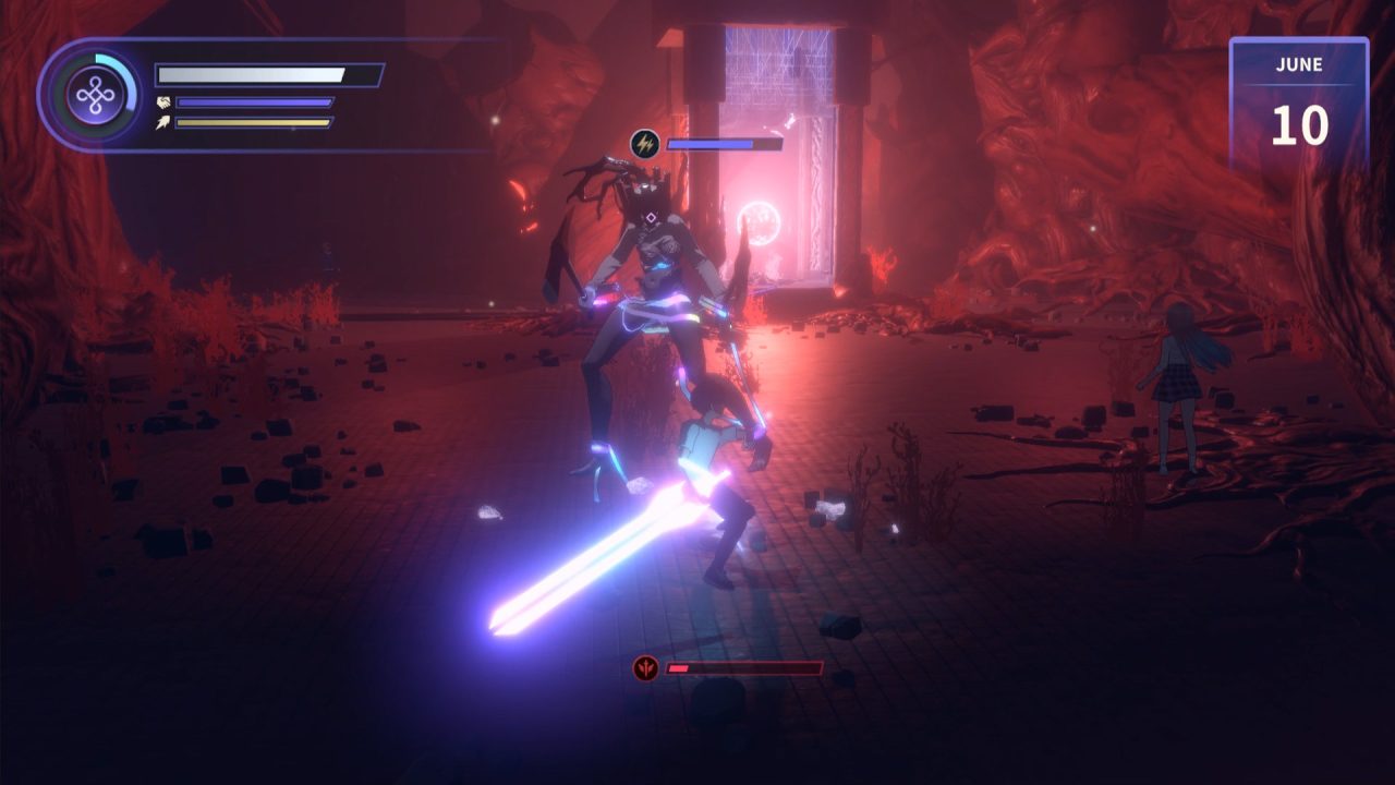 A boss fight in Eternights, with the elemental gauge in the upper left-hand corner of the screen