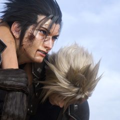 Final Fantasy VII Rebirth screenshot of a battleworn Zack carrying Cloud