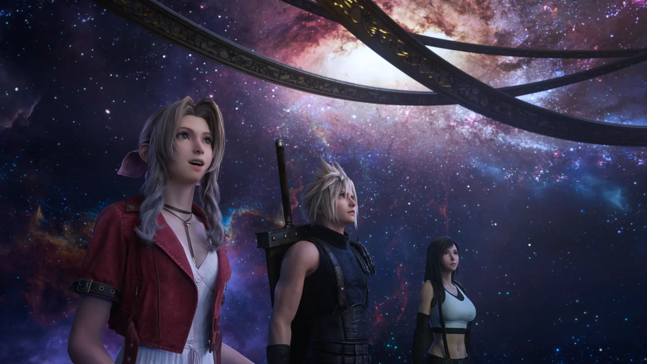 Screenshot of Final Fantasy VII Rebirth with Aerith in the foreground looking at stars with Cloud and Tifa nearby.