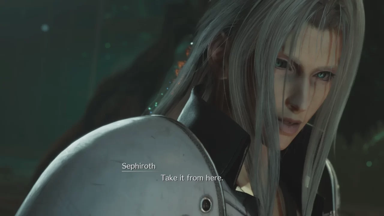 Final Fantasy VII Rebirth Screenshot of Sephiroth saying, Take it from here.